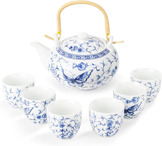 fanquare Chinese Blue and White Porcelain Tea Set with 1 Teapot Set, 6 Tea Cups, Butterfly Pattern Asian Japanese Tea Sets