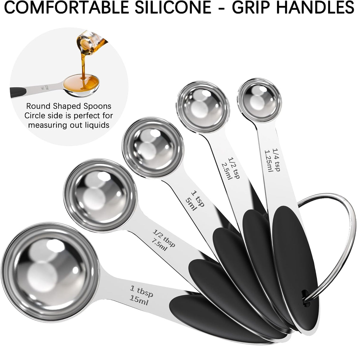 Stainless Steel Measuring Cups and Spoons Set with Silicone Handle – Nesting Design for Space-Saving, Heavy Duty &amp; Dishwasher Safe for Dry/Liquid Ingredients, Cooking &amp; Baking (10)