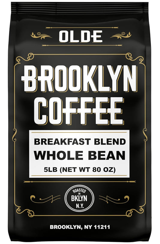 BROOKLYN COFFEE Whole Bean, Breakfast Blend Light Medium Roast (5lb) Delicate, Smooth, Low Acidity - Fresh Bulk Coffee Beans