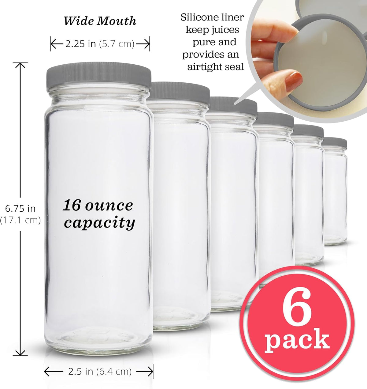 All About Juicing Clear Glass Water Bottles Set - 6 Pack Wide Mouth with Lids for Juice, Smoothies, Beverage Storage - 16 oz, Durable, Reusable, Dishwasher Safe, Leak Proof (Grey Caps)
