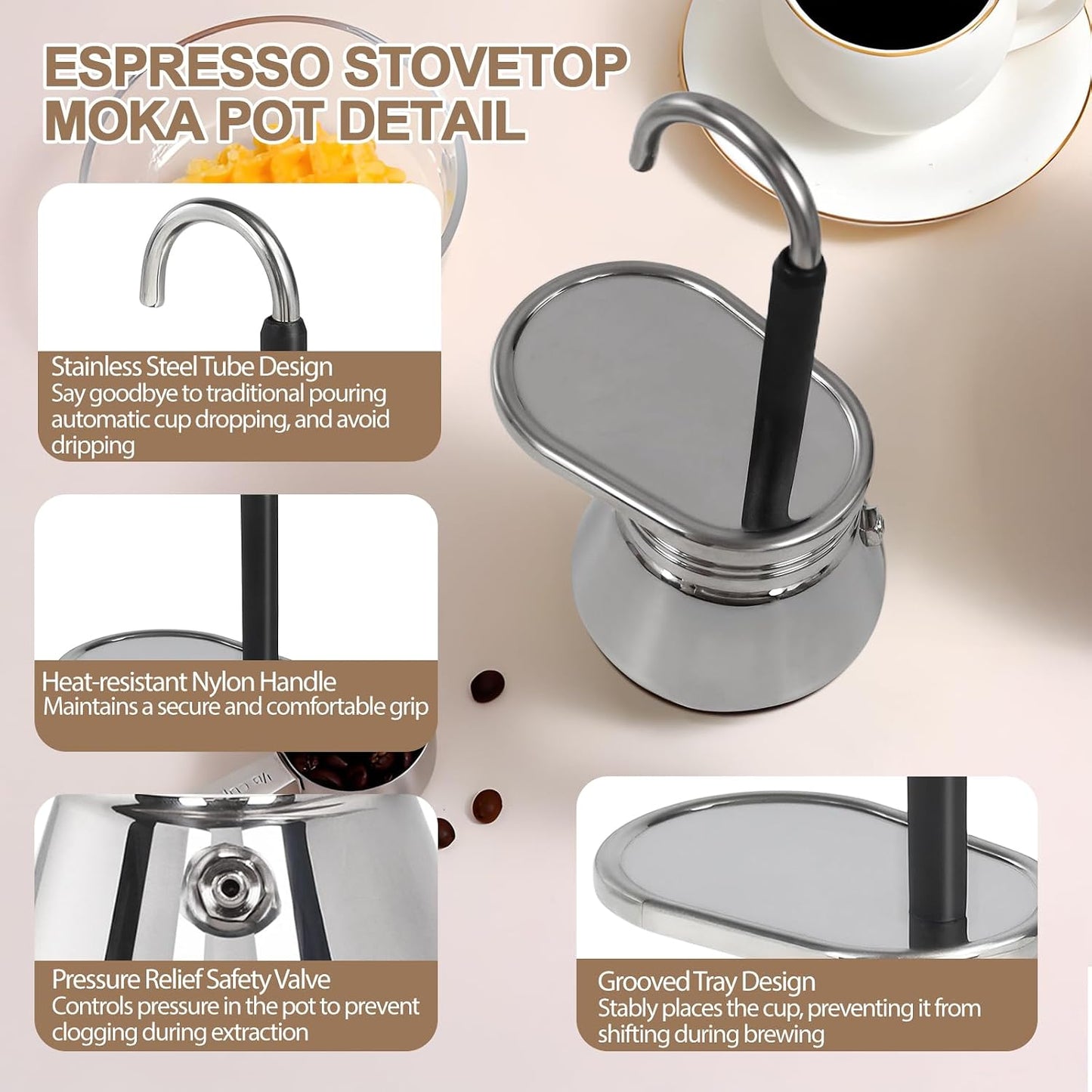 Uncoated 1 Cup Single Tube Moka Pot 304 Thickened Stainless Steel | Mini Coffee Maker Stovetop Espresso Coffeemaker Italian Classic Style Brewing Greca Cafe Machine for Camping Travel Home 90ml