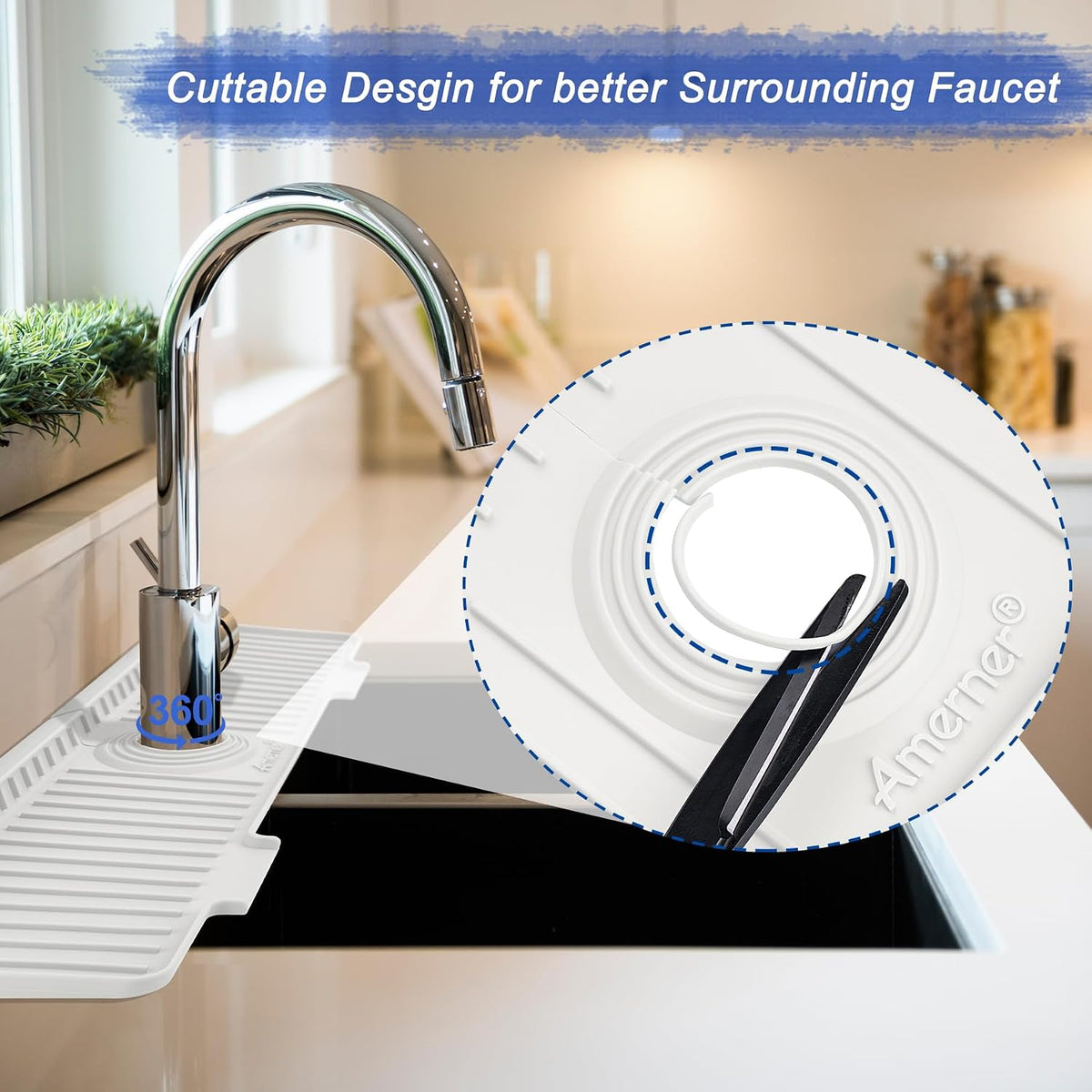 Kitchen Sink Splash Guard, 20IN Longer Silicone Faucet Guard &amp; Draining Mat, Bathroom and Kitchen Sink Organizer, Sink Faucet Mat Water Splash Guard Behind Faucet Accessories Gadget, 20” x 5.5”, White