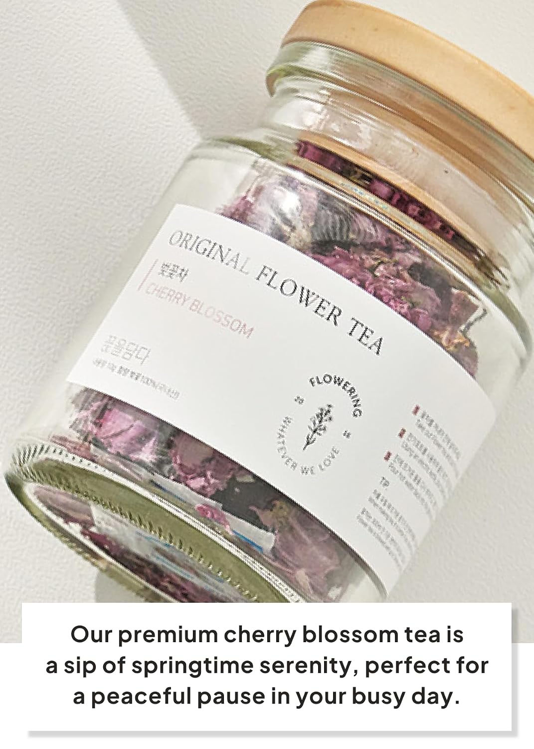 Korean Food KKOKDAM Cherry Blossom Flower Tea, Decaf Floral Blend, 10g | Decaf cherry blossom flower tea made with whole flowers, caffeine free, sugar free, and zero calories. Made in Korea.