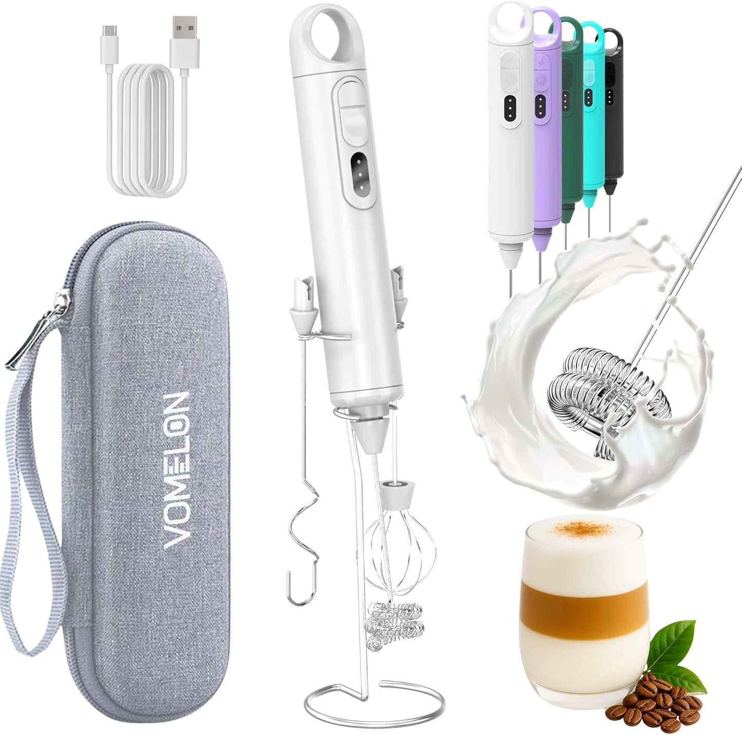 Rechargeable Milk Frother Handheld 3 Speed Coffee Foamer [3 Whisk] Electric Drink Mixer for Latte, Cappuccino, Coffee, Eggs, Hot Chocolate, White