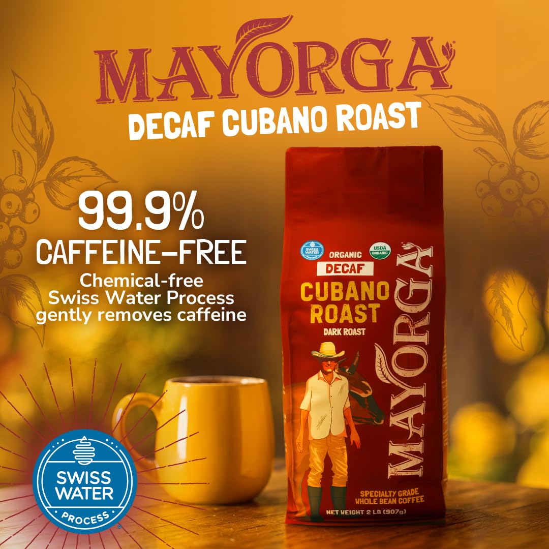 Mayorga Decaf Coffee 2lb Bag Dark Roast Organic Swiss Water Decaffeinated Cubano Roast Coffee - 100% Arabica Whole Coffee