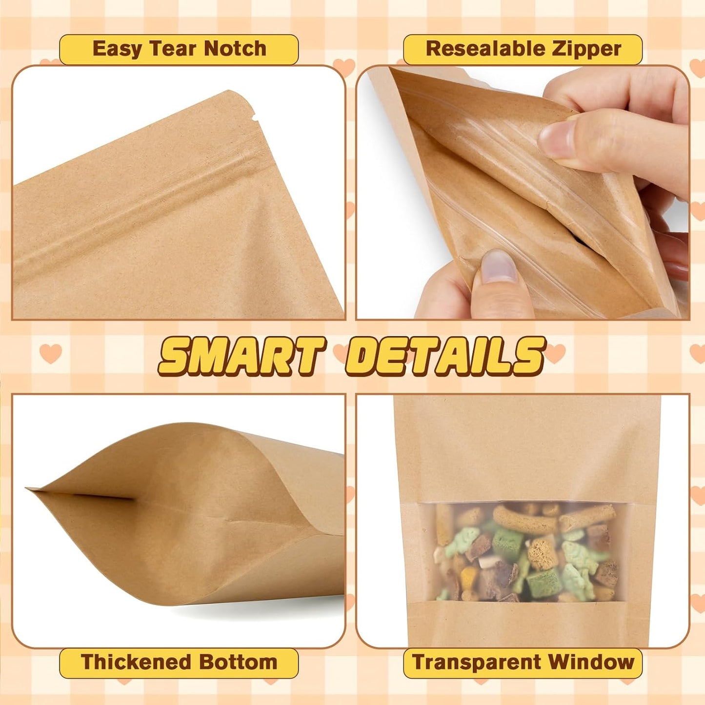JETMORE 50 Pack Resealable Bags, Stand Up Pouches with Window, 3.5x5.5in