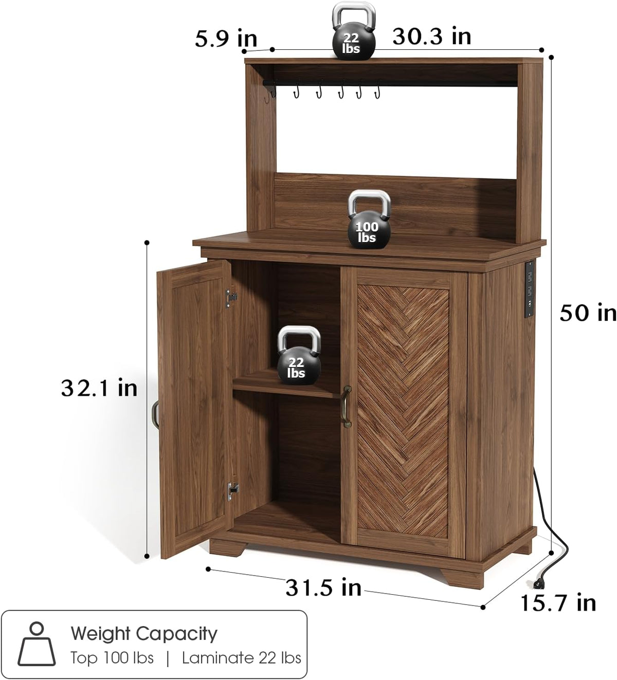 JOINICE Coffee Bar Cabinet with Storage and Charging Station,Walnut | Farmhouse,Herringbone Panel,31.5" Countertop Space,Holds 100lbs,Open Top Shelf+Adjustable Shelf,USB/AC,6-Hook,Easy Assembly