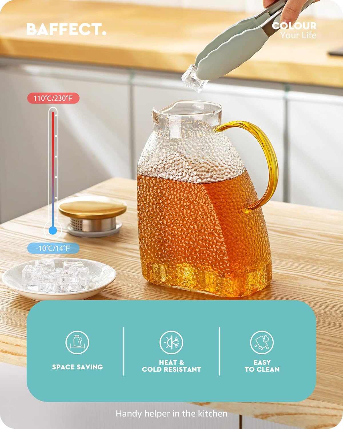 Baffect Water Pitcher Glass Jug With Lid and Spout (Hammer Pattern) | 63oz High Borosilicate Glass Pitcher With Gold Handle, Fridge Door Carafe For Hot Cold Drink, Mlik, Juice, Ice Tea, Lemonade