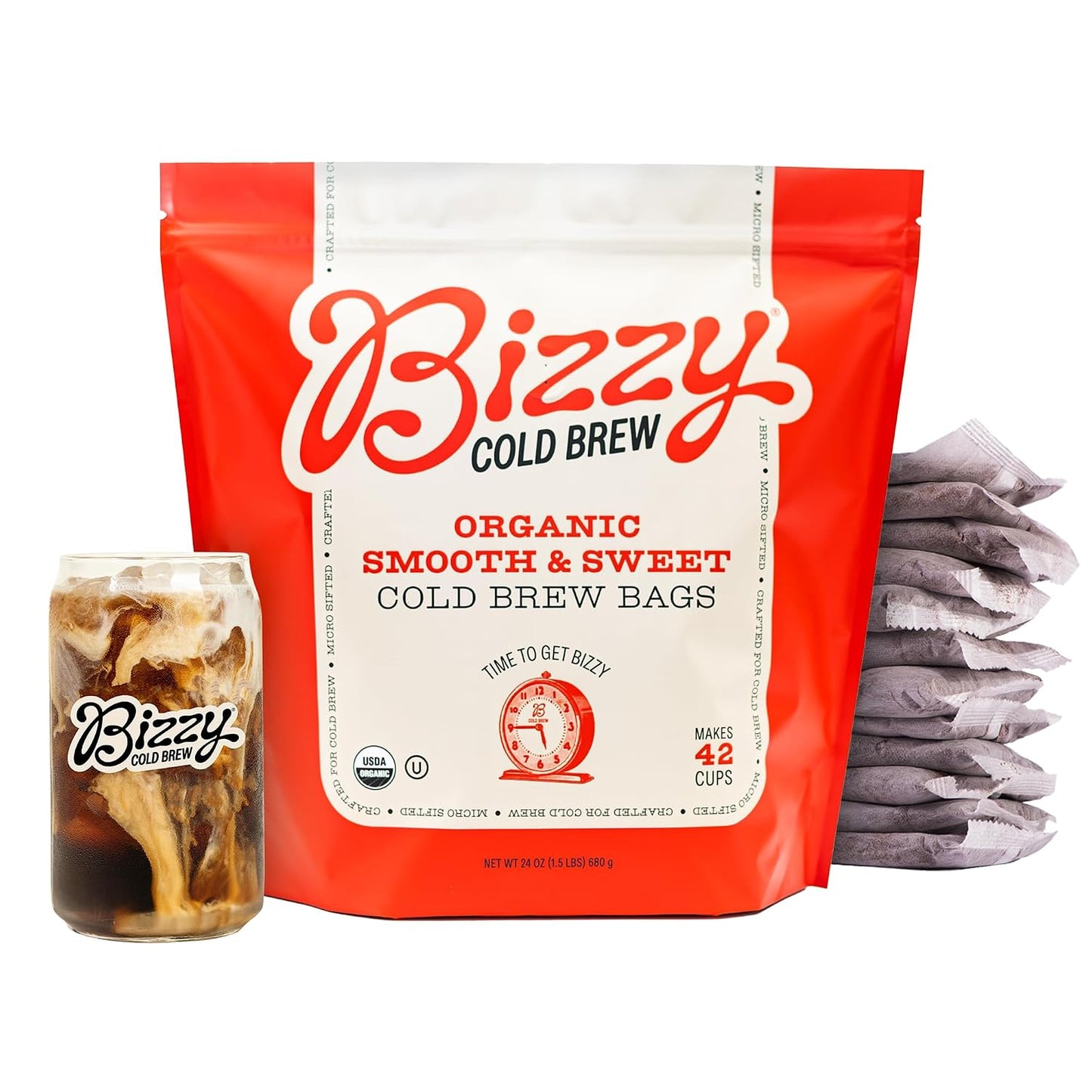 Bizzy Organic Cold Brew Coffee, Smooth &amp; Sweet Blend, Brew Bags, 12 ct | Coarse Ground Coffee in Brew Bags for Cold Brew, Medium Roast, Micro Sifted, Specialty Grade, 100% Arabica, Makes 42 Cups