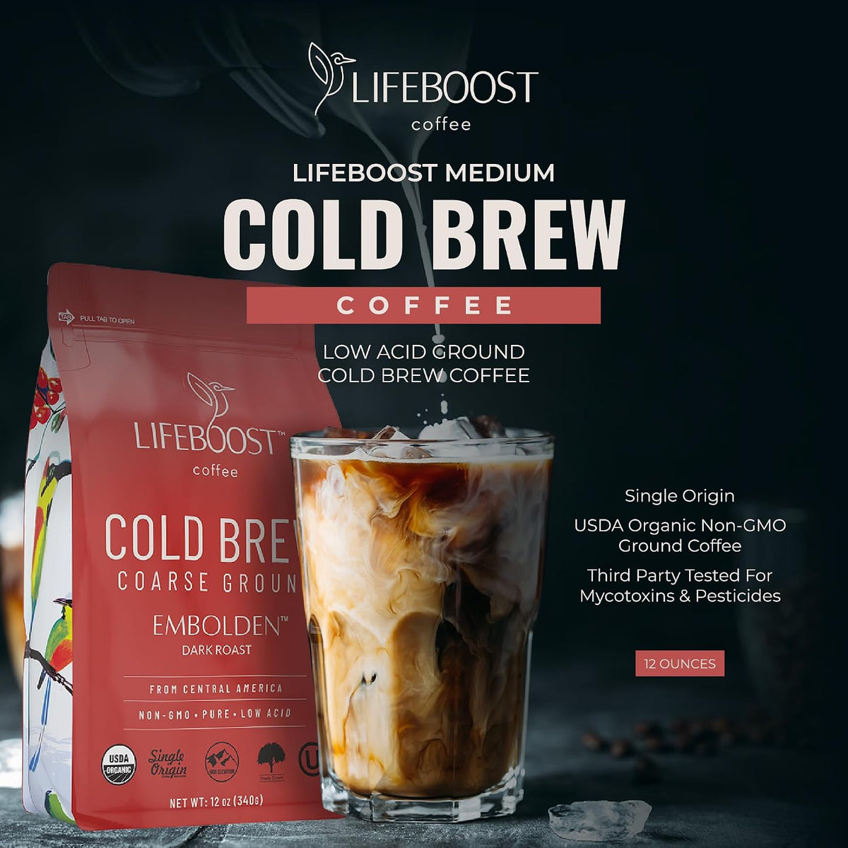 Lifeboost Dark Cold Brew Coffee - Single Origin Non-GMO USDA Organic Low Acid Coarse Ground Coffee for Cold Brew - 3rd Party Tested For Mycotoxins &amp; Pesticides - 12 Ounces