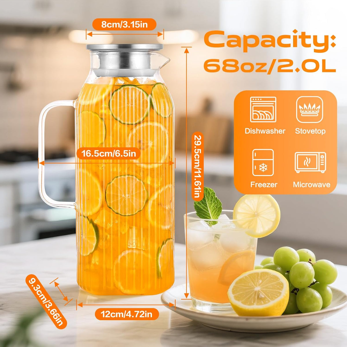 Aofmee 68oz Glass Pitcher with Lid and Handle for Fridge, Clear Striped | Iced Tea Pitcher for Fridge, Borosilicate Glass Carafe, Sun Tea Jar, Dual Pour Stainless Lid, Dishwasher Safe