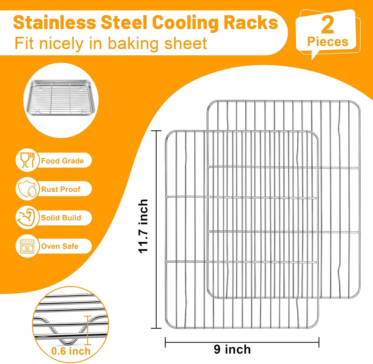 TeamFar Cooling Rack, 11.7” x 9” Stainless Steel Wire Baking Rack, 2PCS | for Cooking Roasting Grilling, Fit for Oven Pan, Oven &amp; Dishwasher Safe, Non-toxic &amp; Heavy-Duty