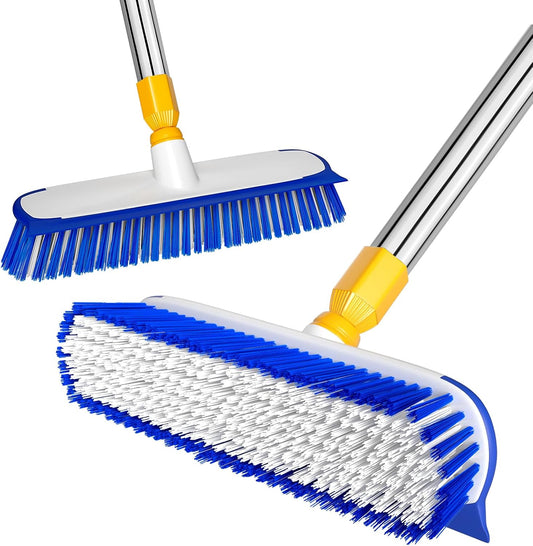ITTAR 12" Wide Floor Scrub Brush with Long Handle, 2-in-1 Deck Cleaning Brush with 55" Extendable Pole, Heavy-Duty Tub Tile