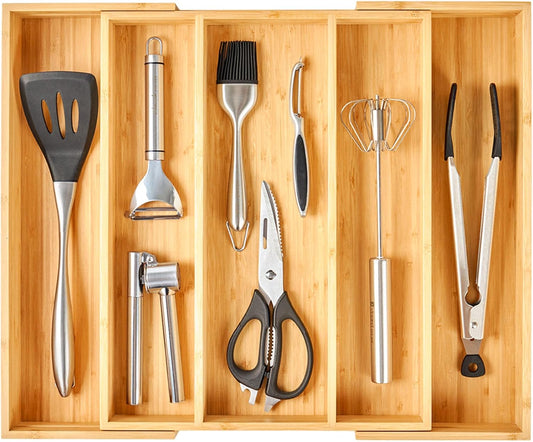 Umilife Expandable Kitchen Drawer Organizer, 2.5" High Bamboo Utensils Silverware Tray, Adjustable Large Deep Wood