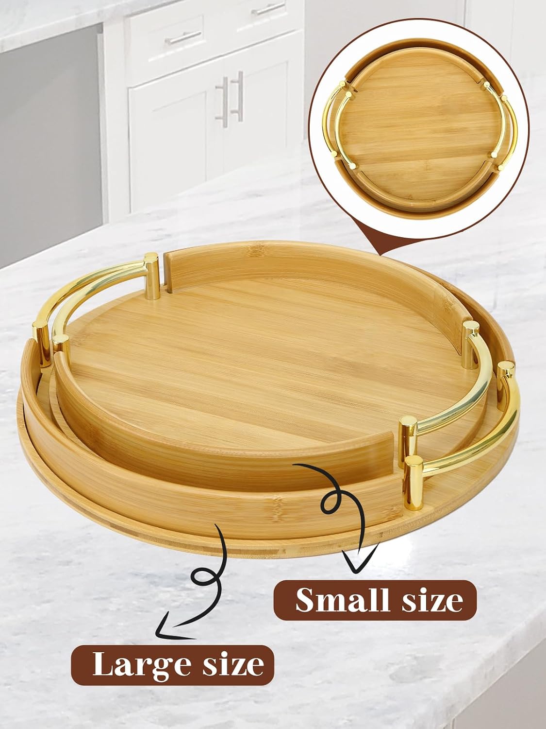 JUPELI 11.8″ Round Bamboo Serving Tray with Handles – Decorative Tray, Breakfast Tray, Coffee Table Tray, Ottoman Tray, Kitchen Platter for Drinks, Snacks, Vanity, Home Decor &amp; Gifts