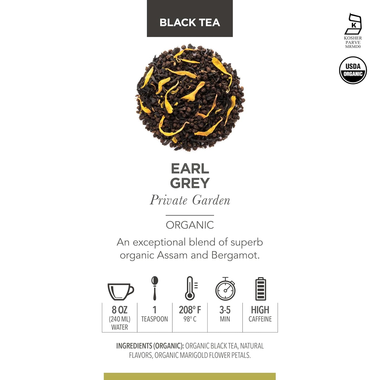 Teabloom Organic Black Tea, Earl Grey Private Garden Loose Leaf Tea, Classic Assam Whole Leaf Blend, USDA Certified Organic, Kosher Certified, 3.53 Ounce Loose Leaf Tea Canister Makes 35-50 Cups