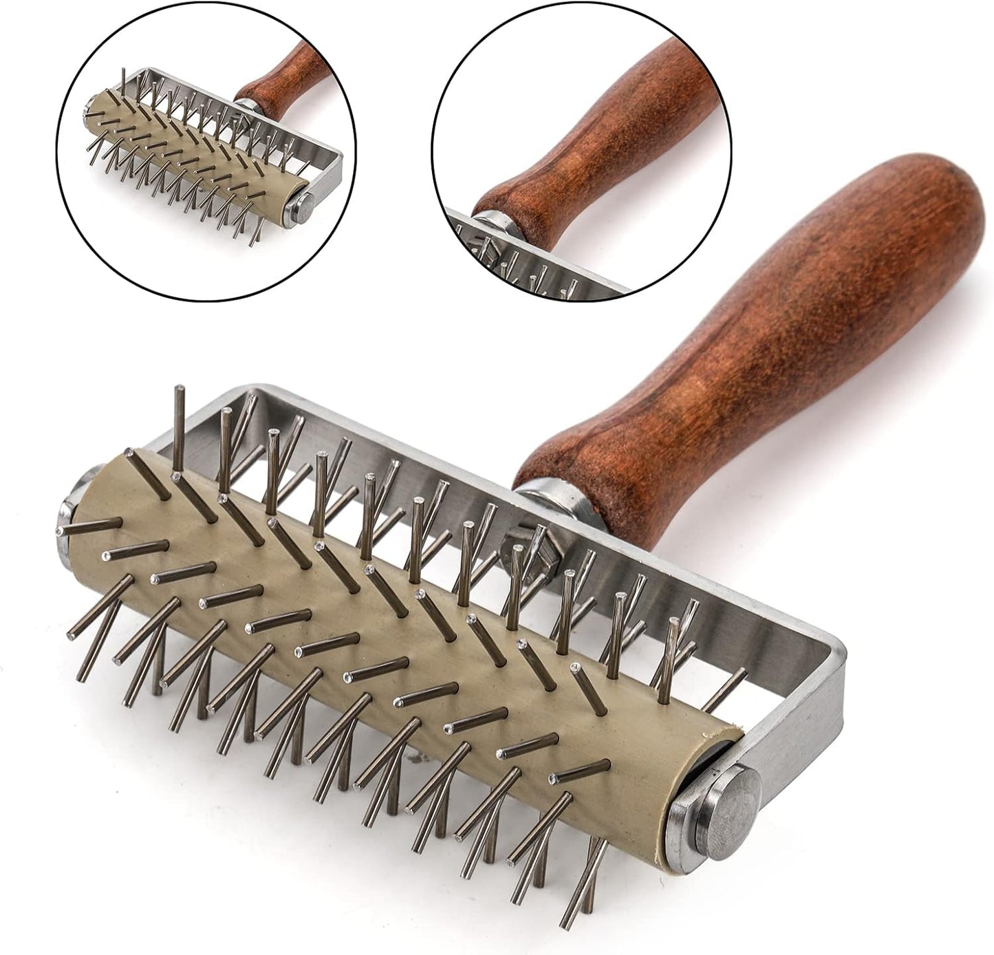 Hiceeden Set of 2 Pizza Dough Roller & Dough Docker, Stainless Steel Dough Hole Maker Puncher Wooden Rolling Pin for Pizza,