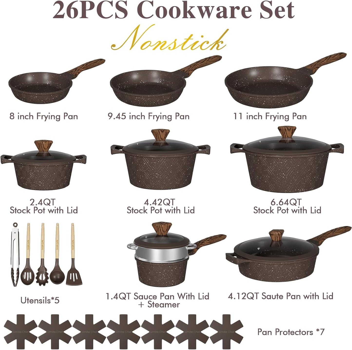 Umite Chef 26PCS Pots and Pans Set Non Stick, Nonstick Cookware Sets, Induction Cook Ware, Includes Steamer & Silicone U