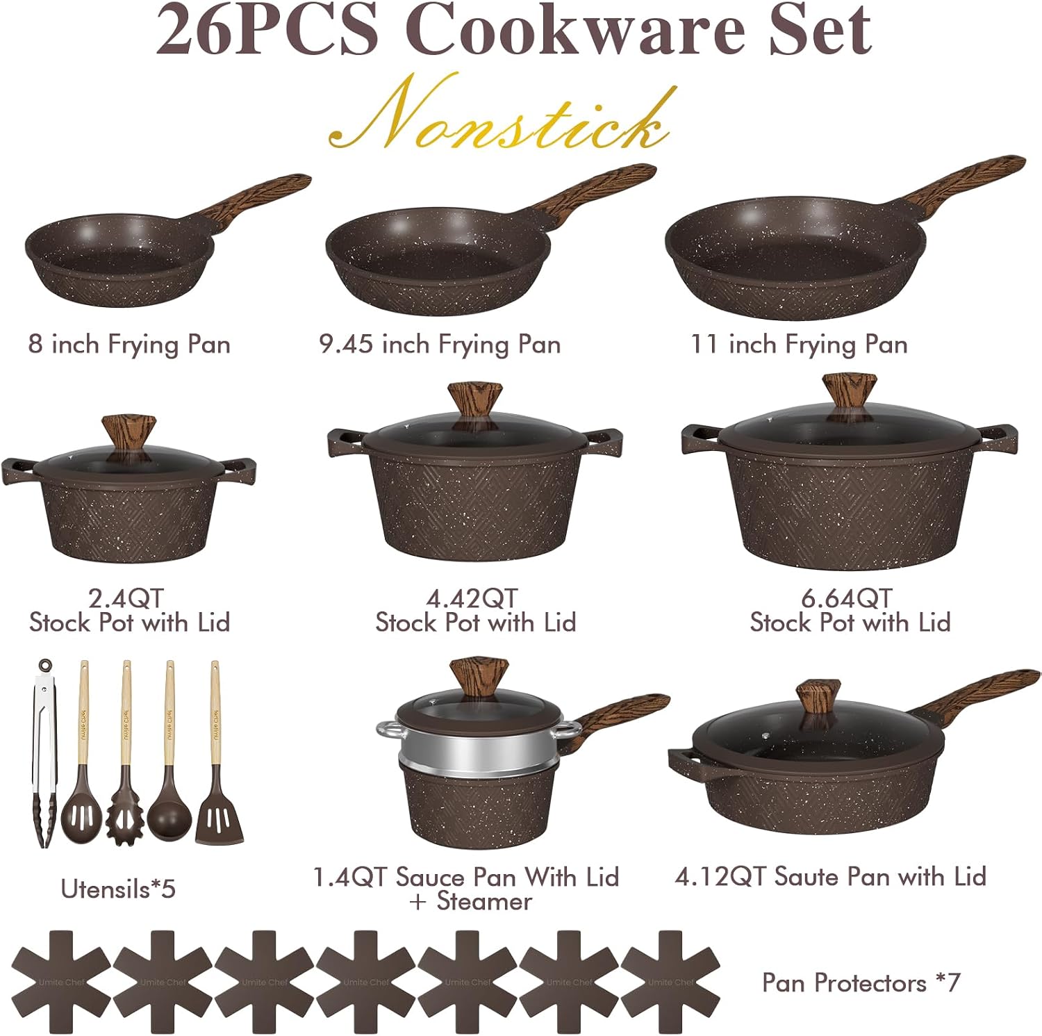 Umite Chef 26PCS Pots and Pans Set Non Stick, Nonstick Cookware Sets, Induction Cook Ware, Includes Steamer & Silicone U