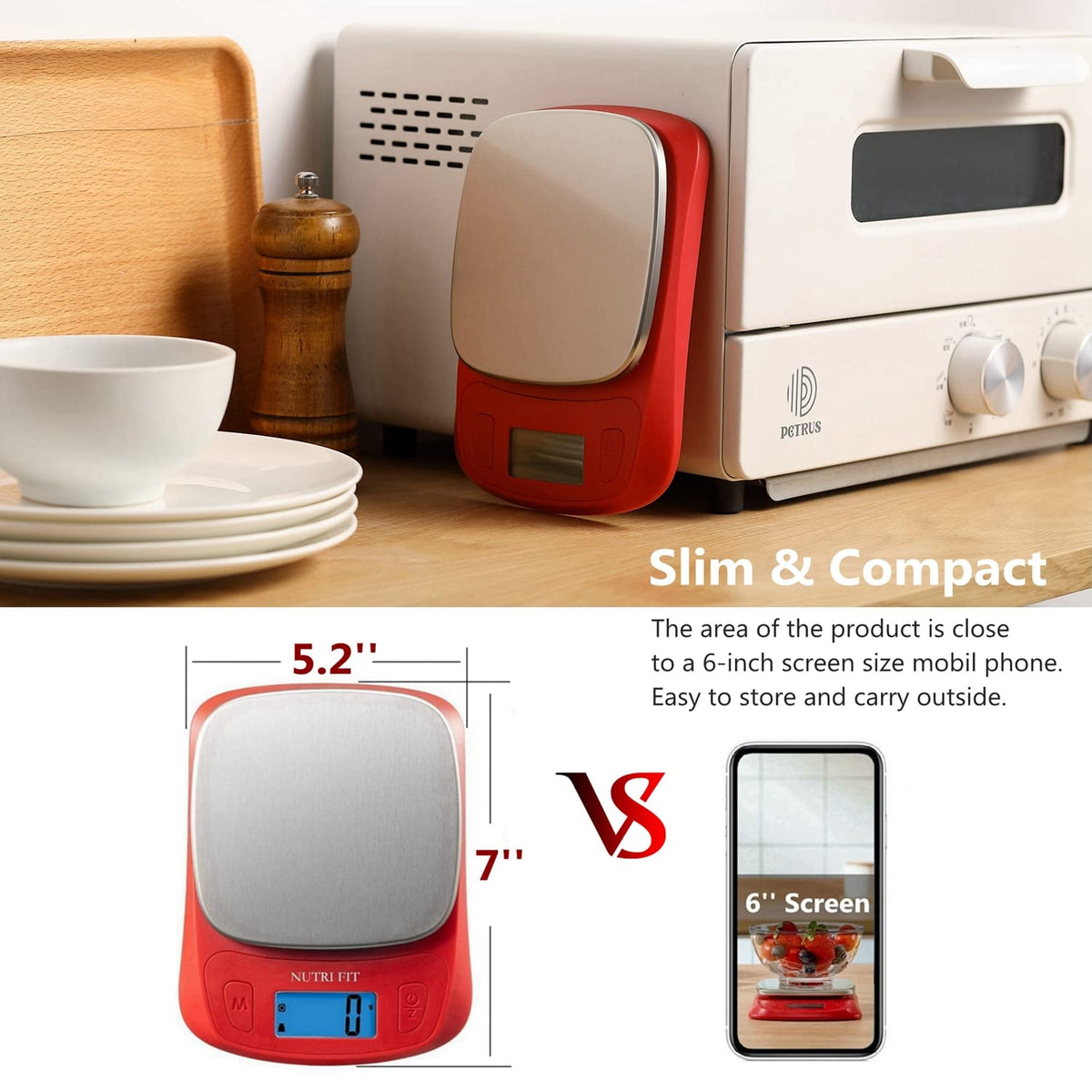 Ultra Slim Food Scale Digital Kitchen Scales Weight Grams Oz Red | Stainless Steel Panel, 1g Increment, Max 11lbs, Backlit Screen, High Precision, Coffee Making, Meal Prep, Include Batteries
