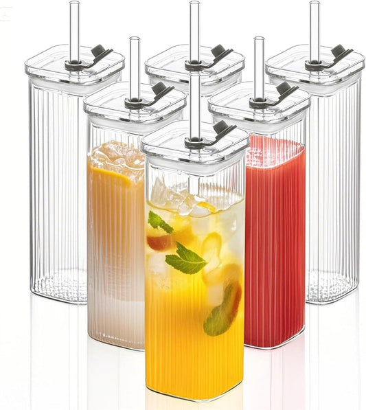 KEMORELA 6 Sets Glass Cups with Lids & Straws, Square Ribbed Drinking Glasses with Lids, Clear Highball Tumblers for