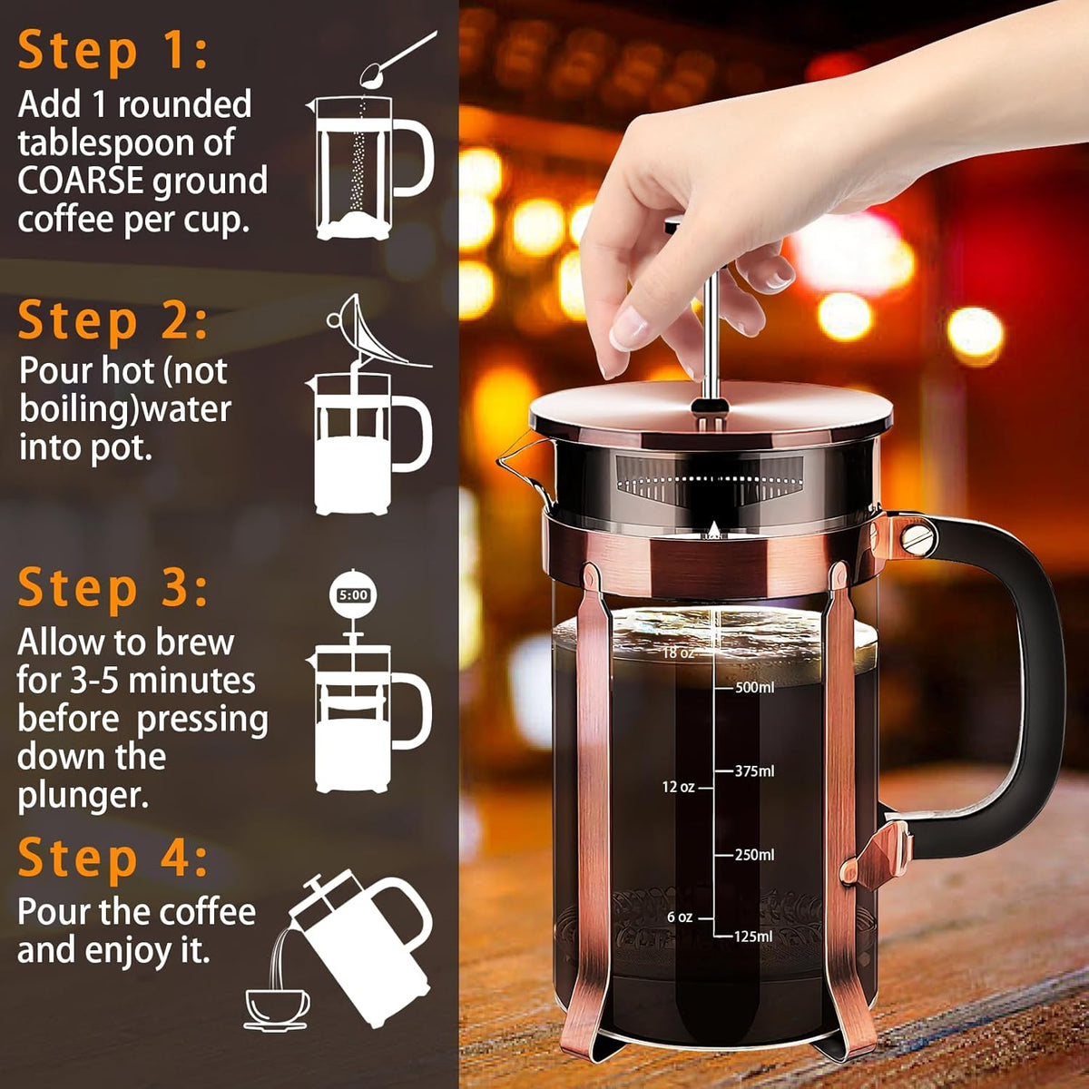 French Press Coffee Maker 304 Stainless Steel Coffee Press,with 4 Filters System, Heat Resistant Thickness Borosilicate French Press Glass, BPA-Free Brewed Tea Pot Coffee Plunger(Copper 12oz)