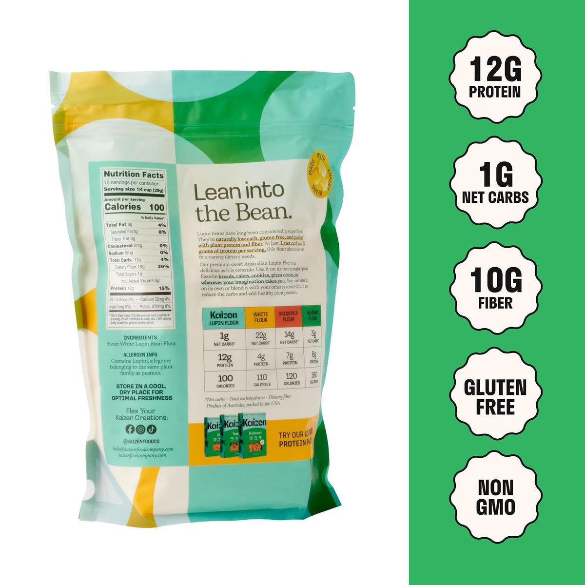Kaizen Lupin Flour 2lbs, 12g Protein, 1g Net Carb, Keto, Gluten-Free Baking | High Fiber Ground Lupini Bean Flour, Low Carb, Low-Glycemic, Keto-Friendly, Plant-Based, Soy-Free, Non-GMO, Vegan
