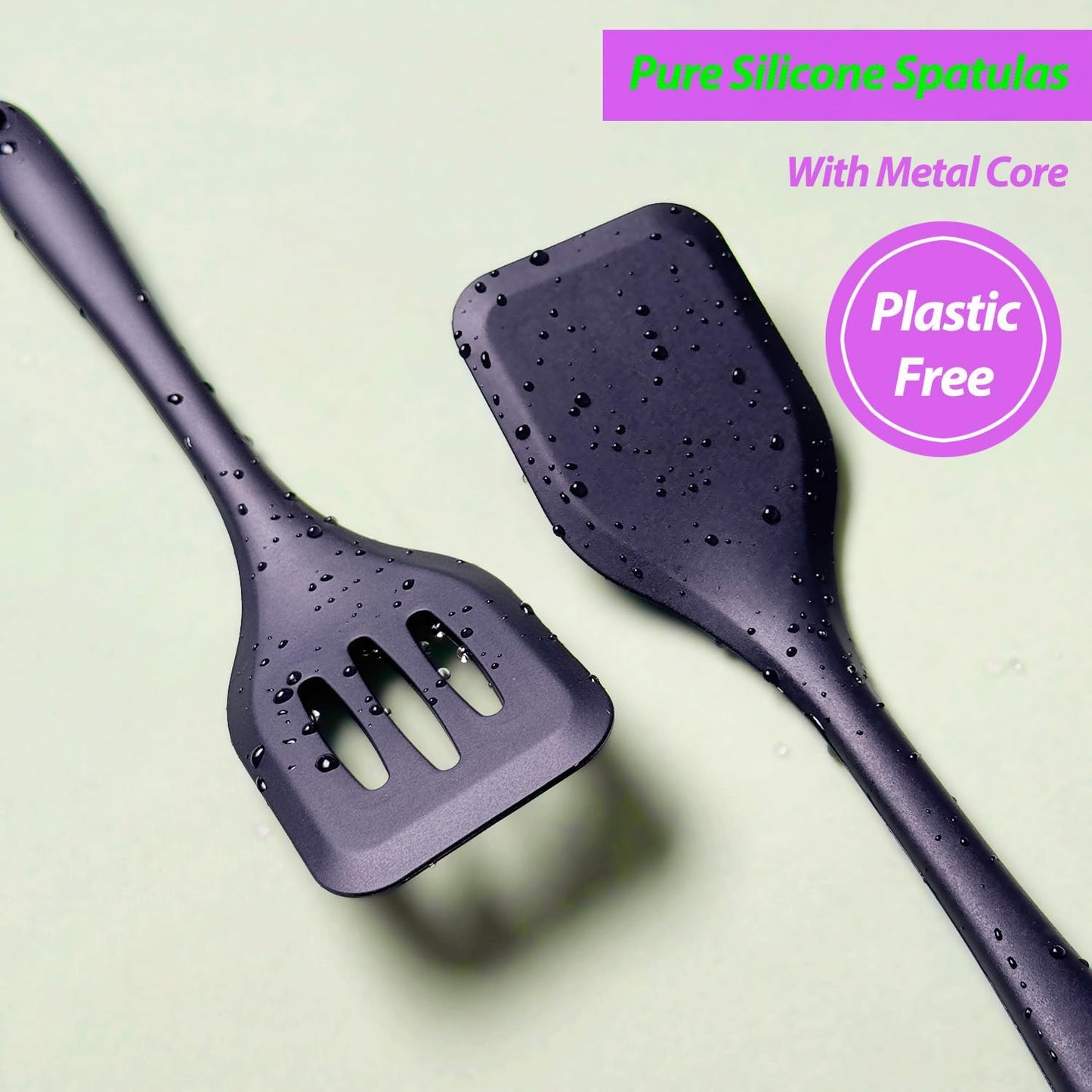 Silicone Spatula Set, Heat Resistant Solid &amp; Slotted Turner, 11 IN