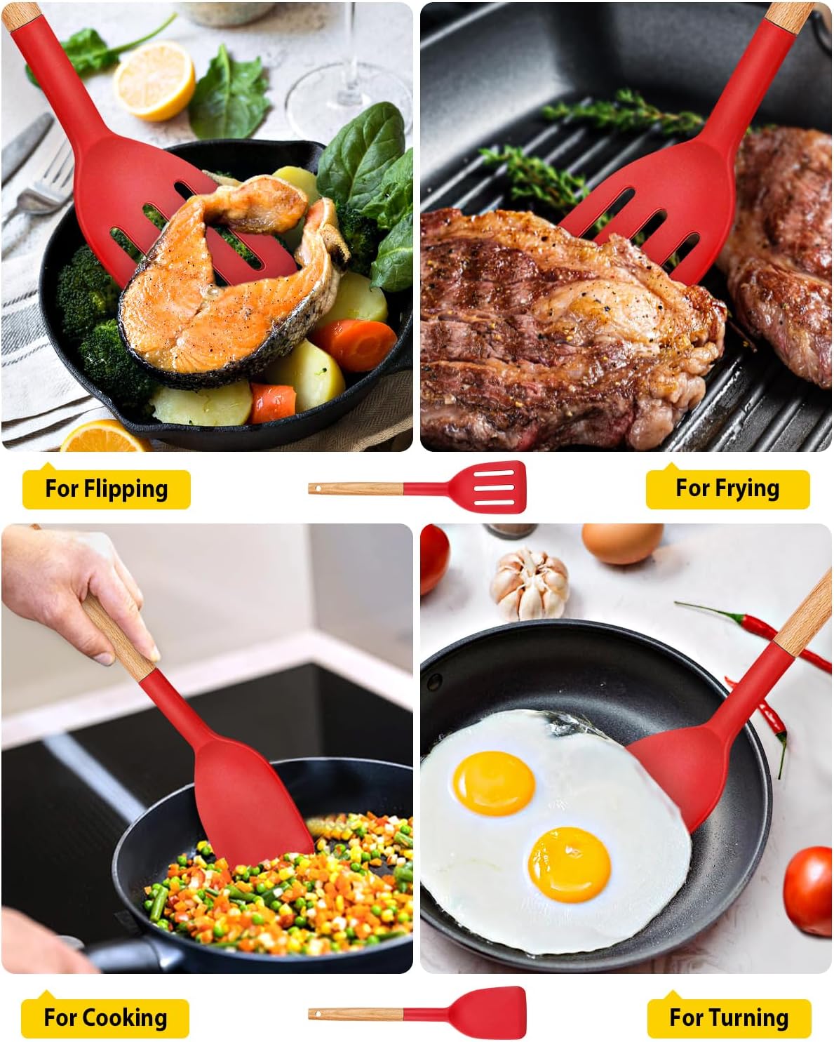 BUNDLEPRO Silicone Spatula, Solid &amp; Slotted Turner, BPA-Free, 2 Pack, Red