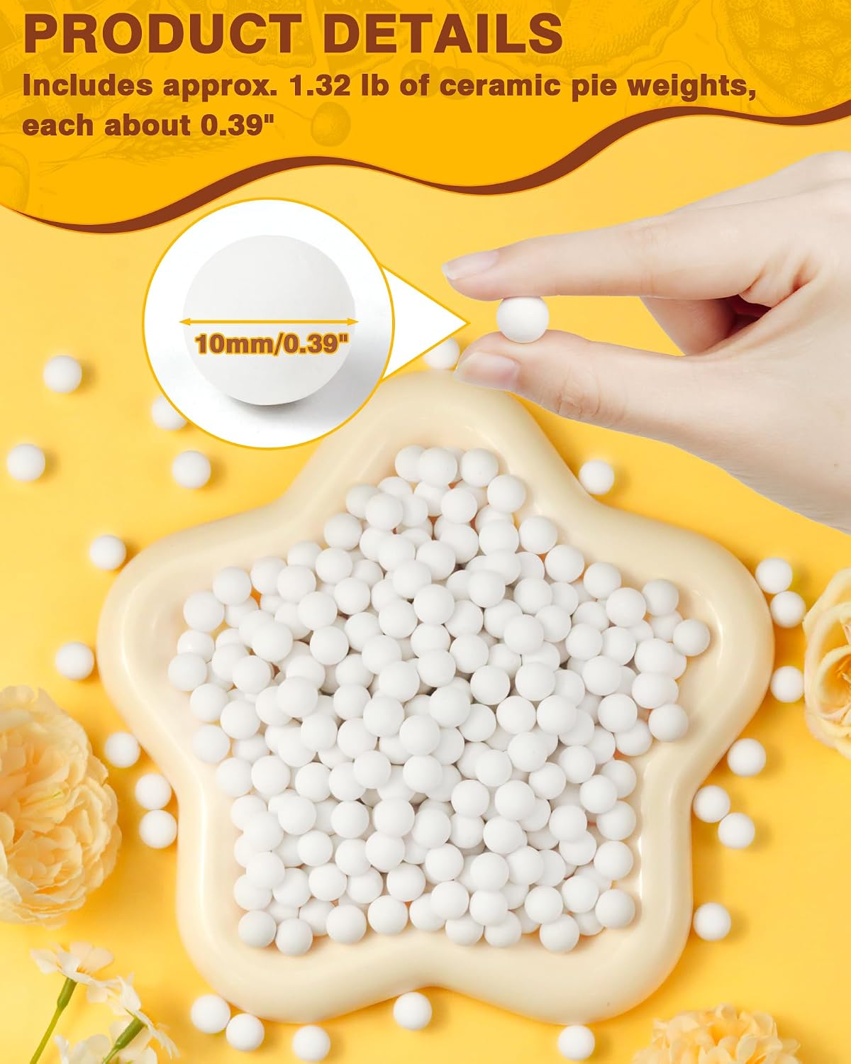 Baking Ceramic Pie Weights, Natural Stoneware For Blind Baking Pie Crusts | 1.5 lb 10mm Ceramic Pie Weights, Heat Resistant to 480°F, Reusable Pie Weights for Homemade &amp; Store-Bought Pie Crusts