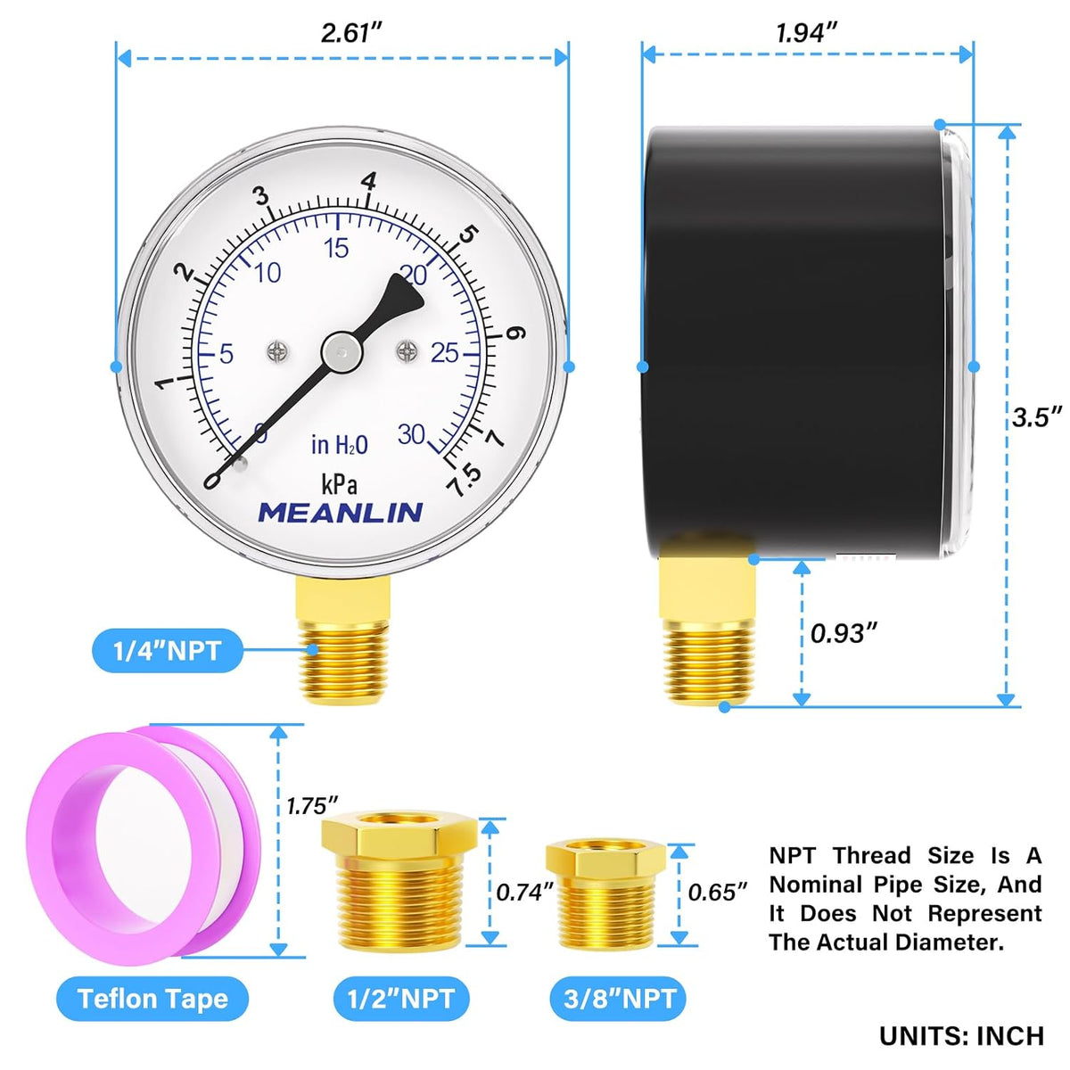 MEANLIN MEASURE 0-30 in H2O Diaphragm Type Capsule Low-Pressure Gauge, Water Column Gauge, 2.6" Dial, 1/4" NPT, Rear Adjustable Knob, with 1/2" NPT and 3/8" NPT Hex Bushing, Lower Mount