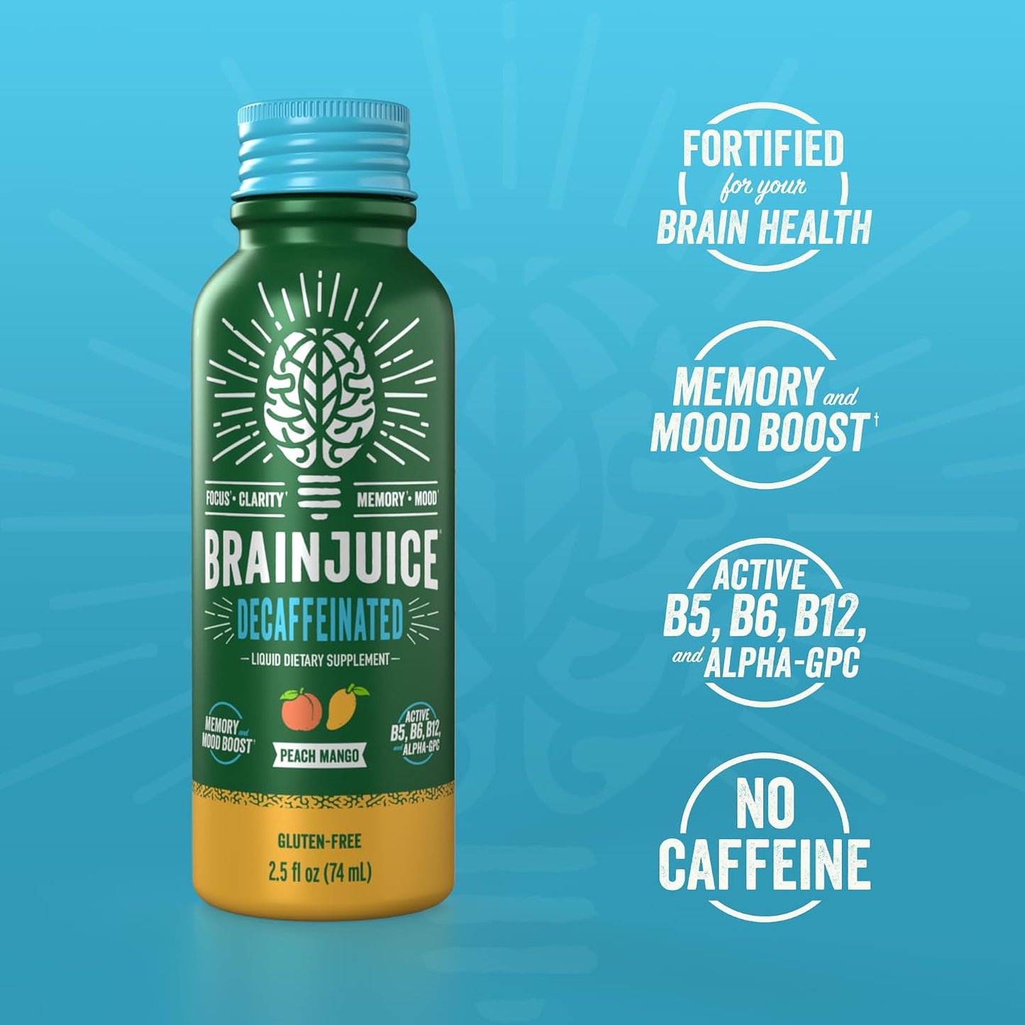 BrainJuice Decaf Peach Mango Nootropic Supplement Shot, 2.5 fl oz, 12 Pack