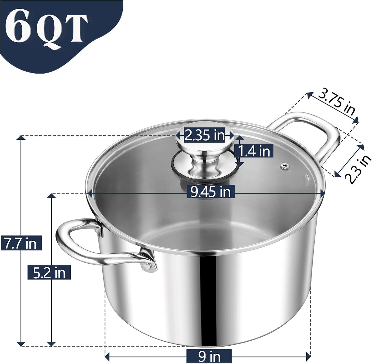 P&P CHEF 6 Quart Tri-Ply Stainless Steel Stock Pot, 6 Qt Stockpot Pasta Cooking Pot with Visible Lid for Soup Vegetable, Induction Cookware for All Stoves, Sturdy & Double Handle, Dishwasher Safe