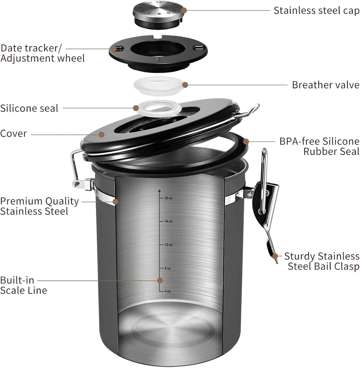 Veken Coffee Canister, Airtight Stainless Steel Kitchen Food Storage Container with Date Tracker and Scoop for Grounds Coffee, Beans, Tea, Flour, Cereal, Sugar, Cookies Jars, 22OZ Gray