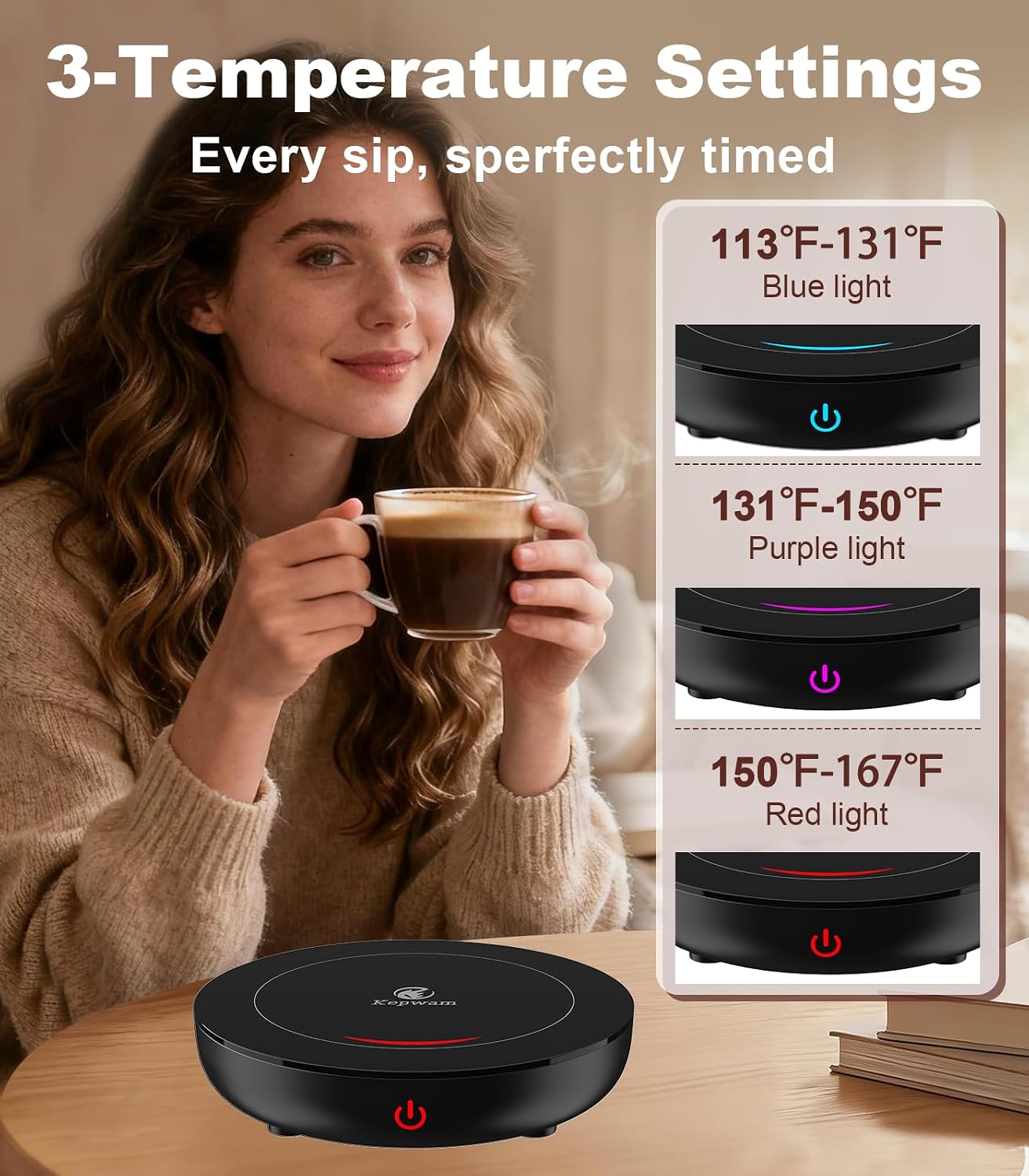Kepwam Coffee Mug Warmer for Desk, 3-Temp Fast Heating Cup Warmer with 6H Auto Shut Off, LED Light &amp; Smart Candle Warmer for All Beverages, Ideal Gifts for Women Men