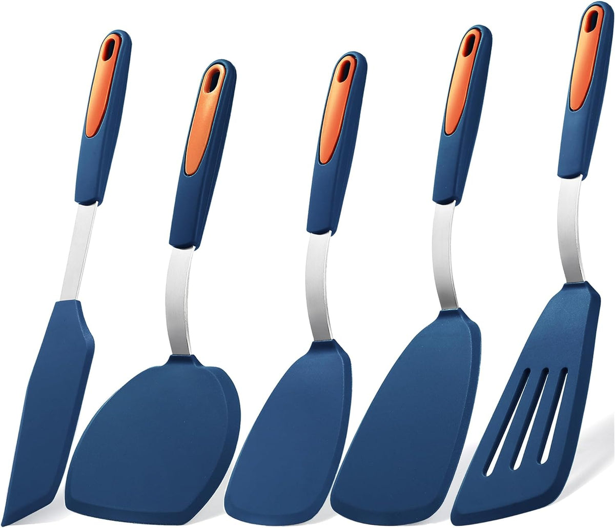 5 Pieces Silicone Spatula Set, Non-Stick Silicone Turner Spatulas, Heat Resistance Cooking Utensils, Flip Turner for Fish, Egg, Pancake, Navy Blue