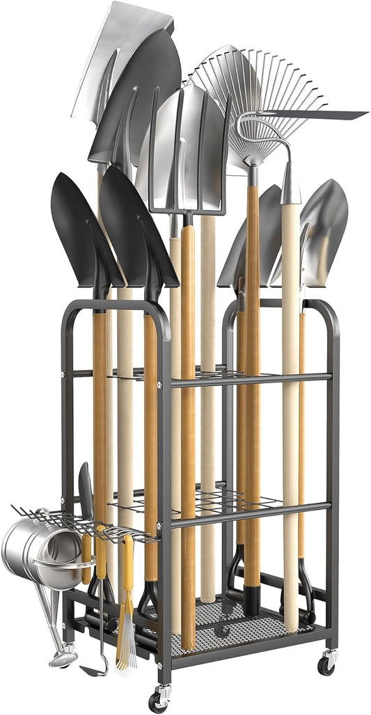 TORACK Garden Tool Organizer Stand with Wheels, Rakes Shovels Yard Tools Stand for Garage, Shed, Garden, Indoor/Outdoor