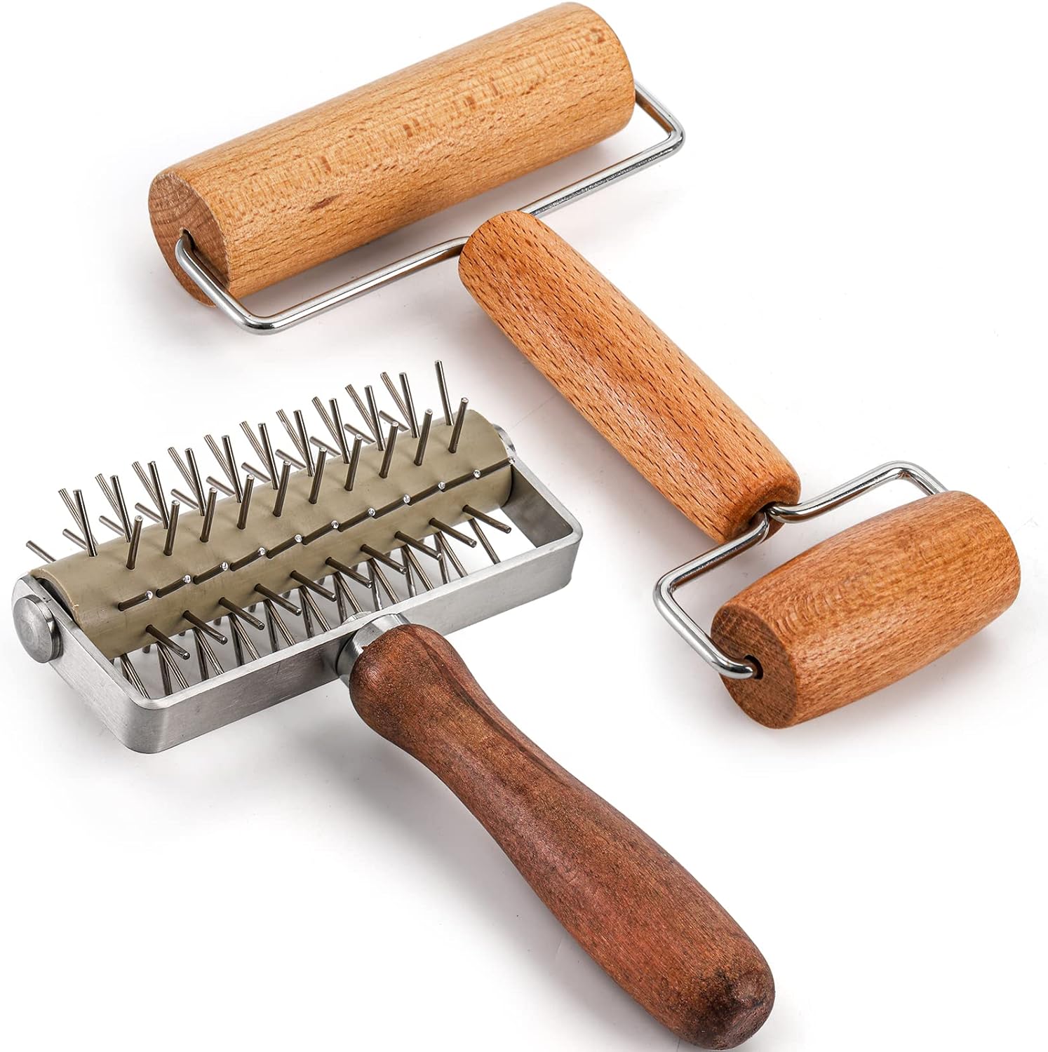 Hiceeden Set of 2 Pizza Dough Roller & Dough Docker, Stainless Steel Dough Hole Maker Puncher Wooden Rolling Pin for Pizza,