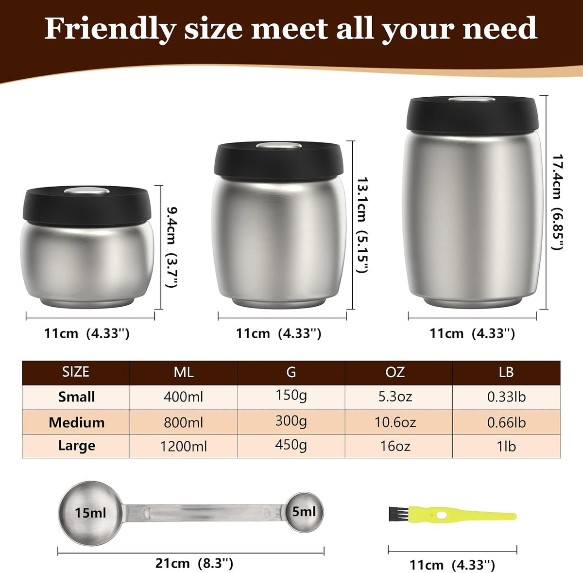 Vacuum Coffee Canister,Stainless Steel Airtight Coffee Storage Containers Set with Measuring Scoop and Airtight Lid,for Coffee Grounds,Beans,Loose Tea,Sugar,Spices,2400ml/32OZ (L*2), Silver