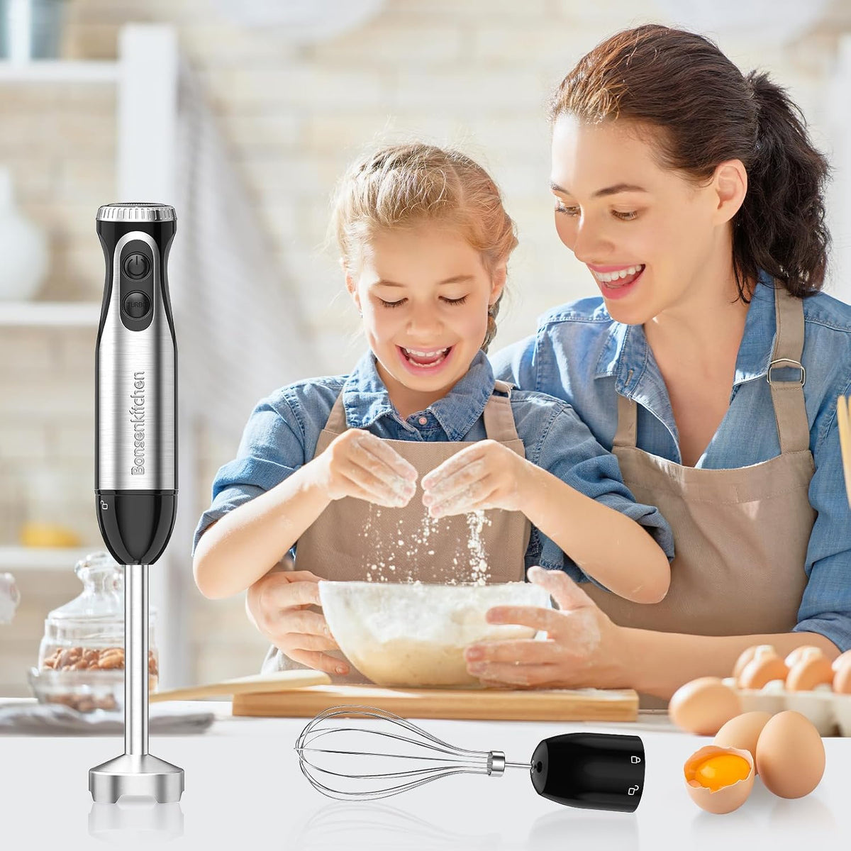 Bonsenkitchen 2-in-1 Immersion Handheld Blender with 20 Speeds &amp; Turbo Mode