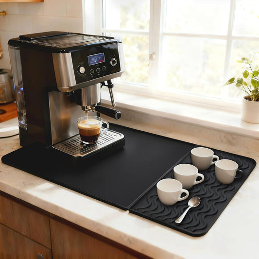 2-in-1 Coffee Bar Mat & Espresso Tamping Mat - 24”x16”Non-Slip Silicone Mats for Coffee Machines, Countertop, Bars, Kitchen