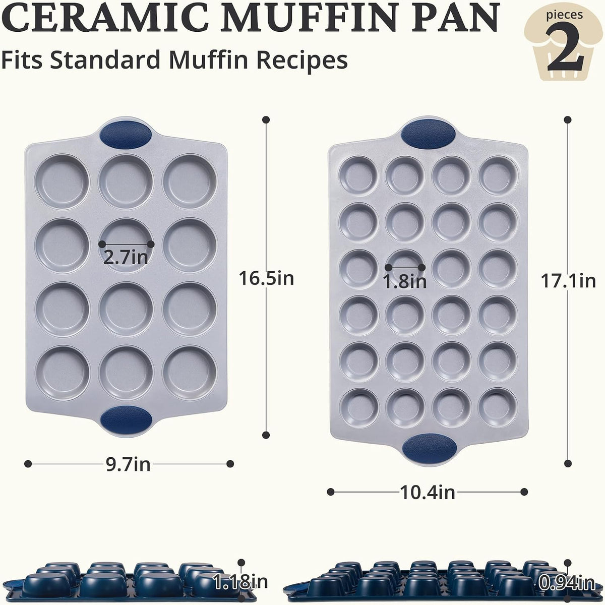 BRONYPRO 2-Pack 12 Cup and Mini 24 Cup Non Toxic Nonstick Ceramic Muffin Pan &amp; Cupcake Tin, PFOA &amp; PTFE Free, Heavy Duty Rust-Resistant Aluminized Steel, Oven Safe, Blue