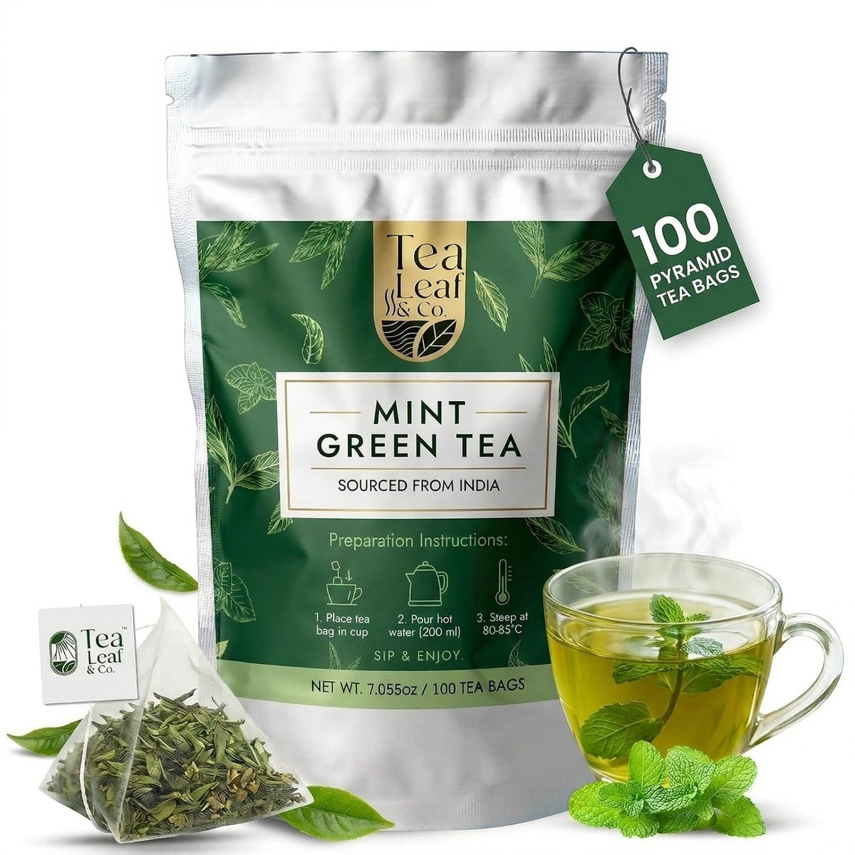 Mint Green Tea (200 gm / 7 oz), Natural Herbal Infusion, 100 Tea Bags