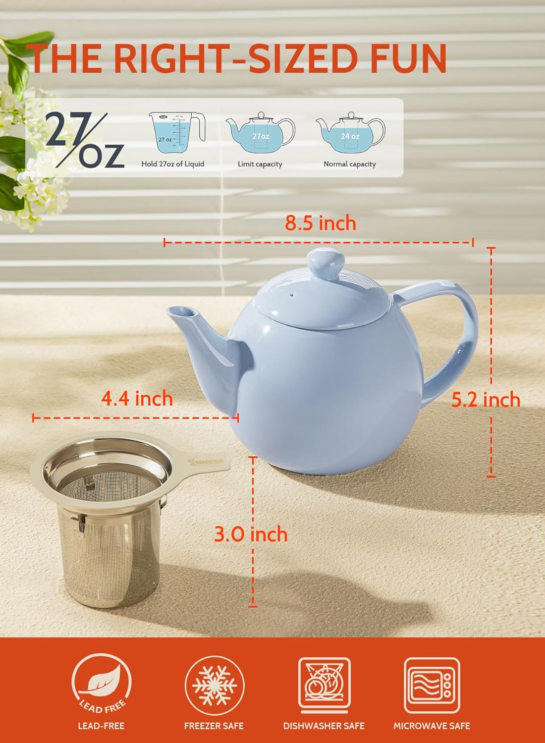 Sweese Teapot, Porcelain Tea Pot with Stainless Steel Infuser, Blooming & Loose Leaf Teapot - 27ounce, Lilac