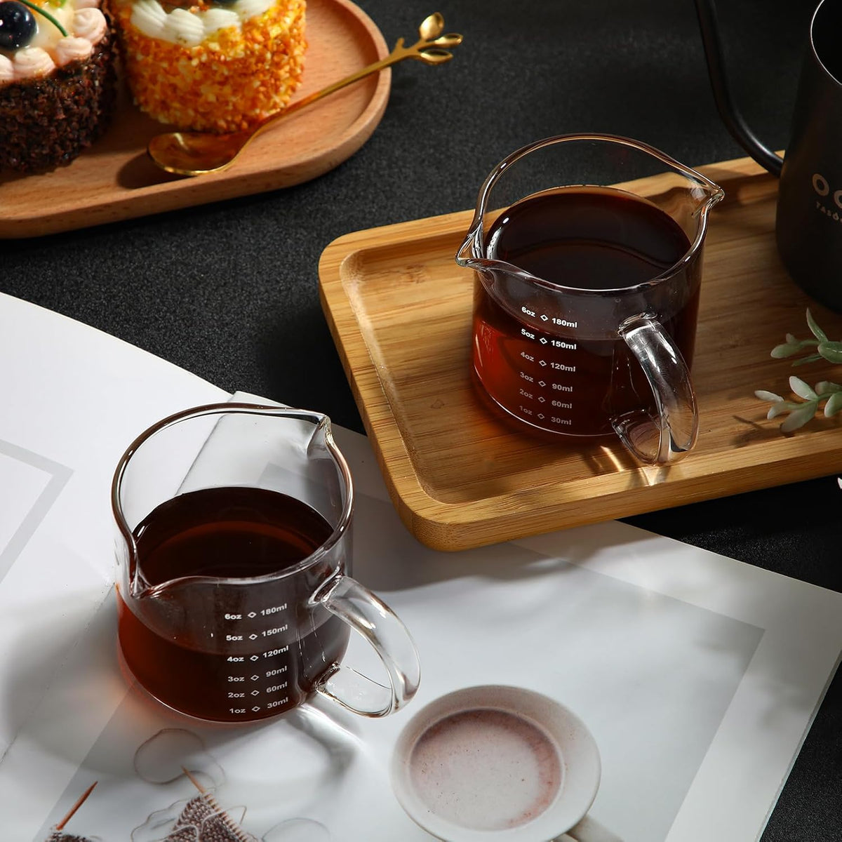 Patelai Espresso Cups Set of 2, 180ml/6oz Coffee Cups with Double Spouts & Handle, Scales Espresso Shot Glass for Espresso Machines, Milk Frothing, and Coffee Bars Accessories