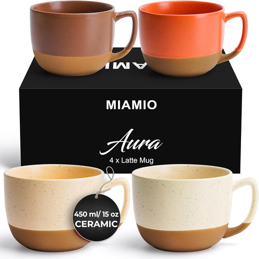 MIAMIO – 15 Ounce, Set of 4 Ceramic Latte Mug – Elegant Modern Coffee Mug Set for Cafe, Latte, Tea, Hot Cocoa - Drinks