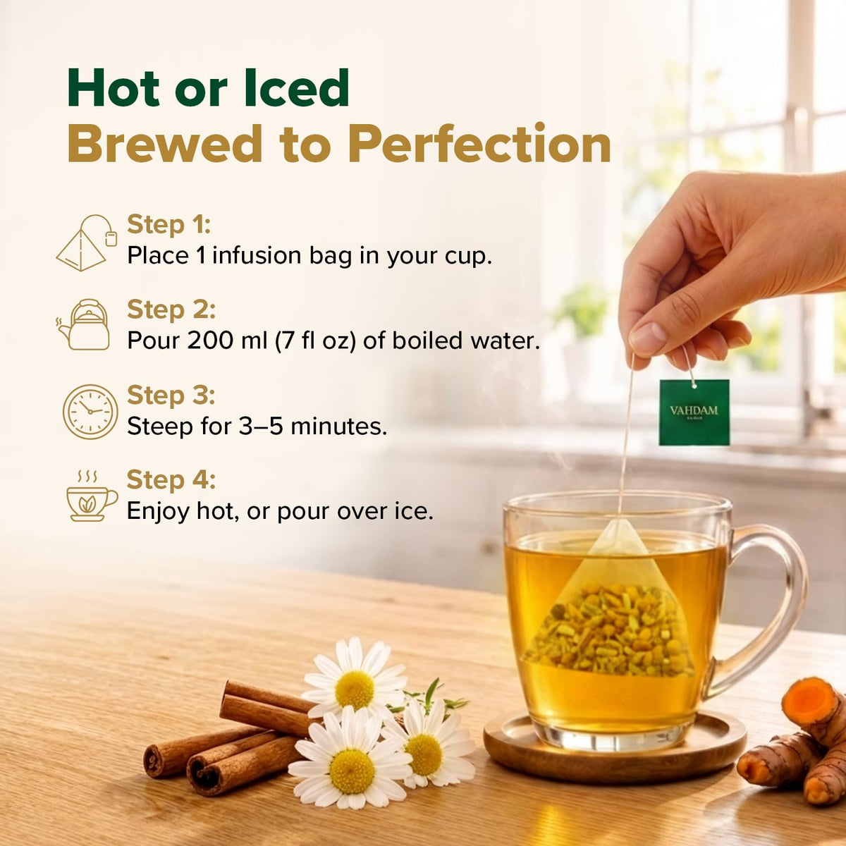 VAHDAM Turmeric Chamomile Tea(100 Pyramid Teabags) Caffeine Free Herbal Tea