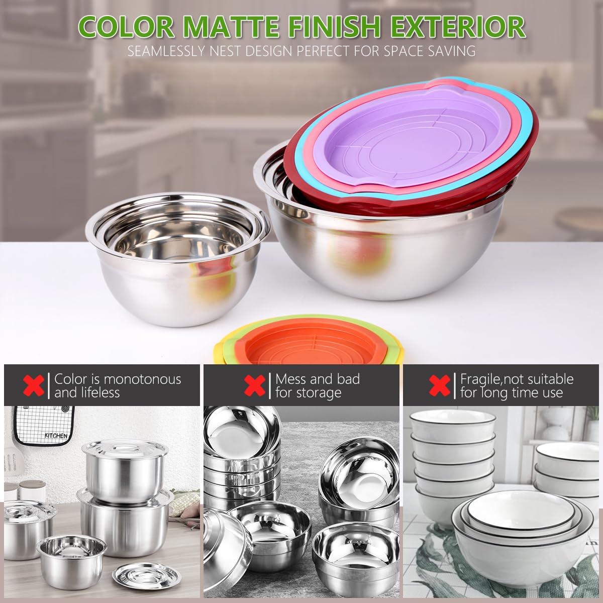 Leidawn Mixing Bowls with Lids Set, 25 PCS Colorful Mixing Bowl for Kitchen | Stainless Steel Nesting Bowls for Baking, Mixing, Serving &amp; Prepping, Size 5, 3.7, 2.8, 2.3, 1.7, 1.1, 0.7QT, 11 Utensils
