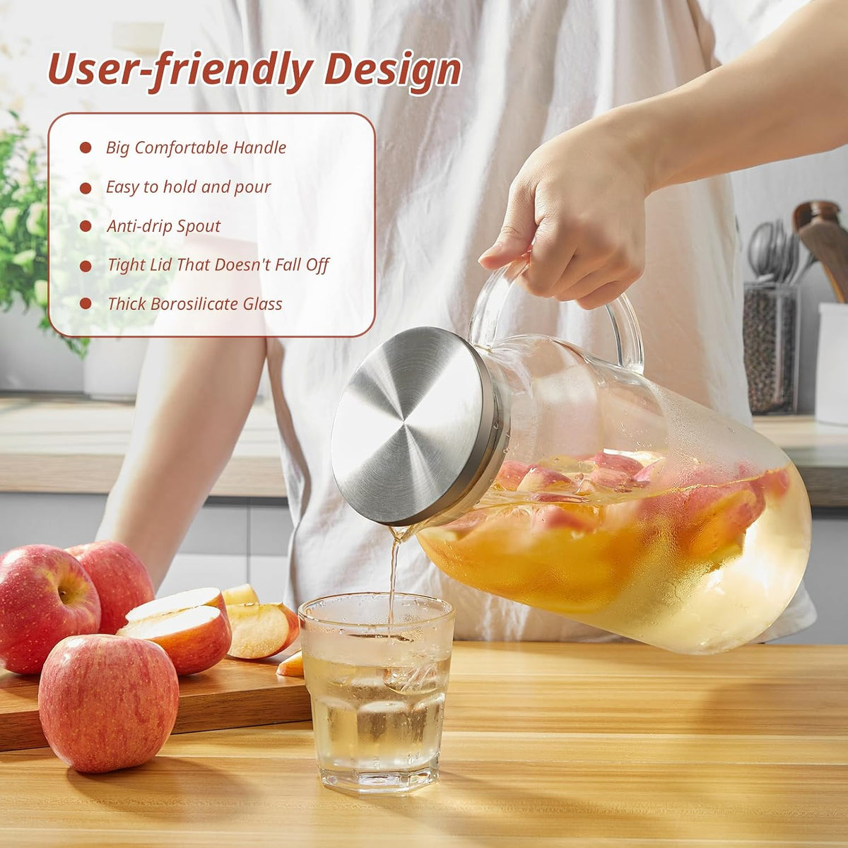 1 Gallon Glass Pitcher with Lid and Handle, Glass Water Carafe for Hot/Cold Water, Large Jug for Iced Tea, Coffee, Juice and Homemade Beverage