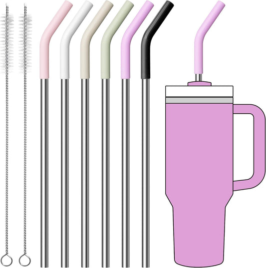 Metal Straws Reusable for 40 oz Simple Modern/Stanley Cup, 6Pcs Stainless Steel Drinking Straight Straw with Silicone Tips